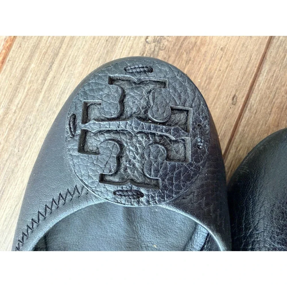 Tory Burch Minnie Travel Ballet Flats Black Leather Size 8